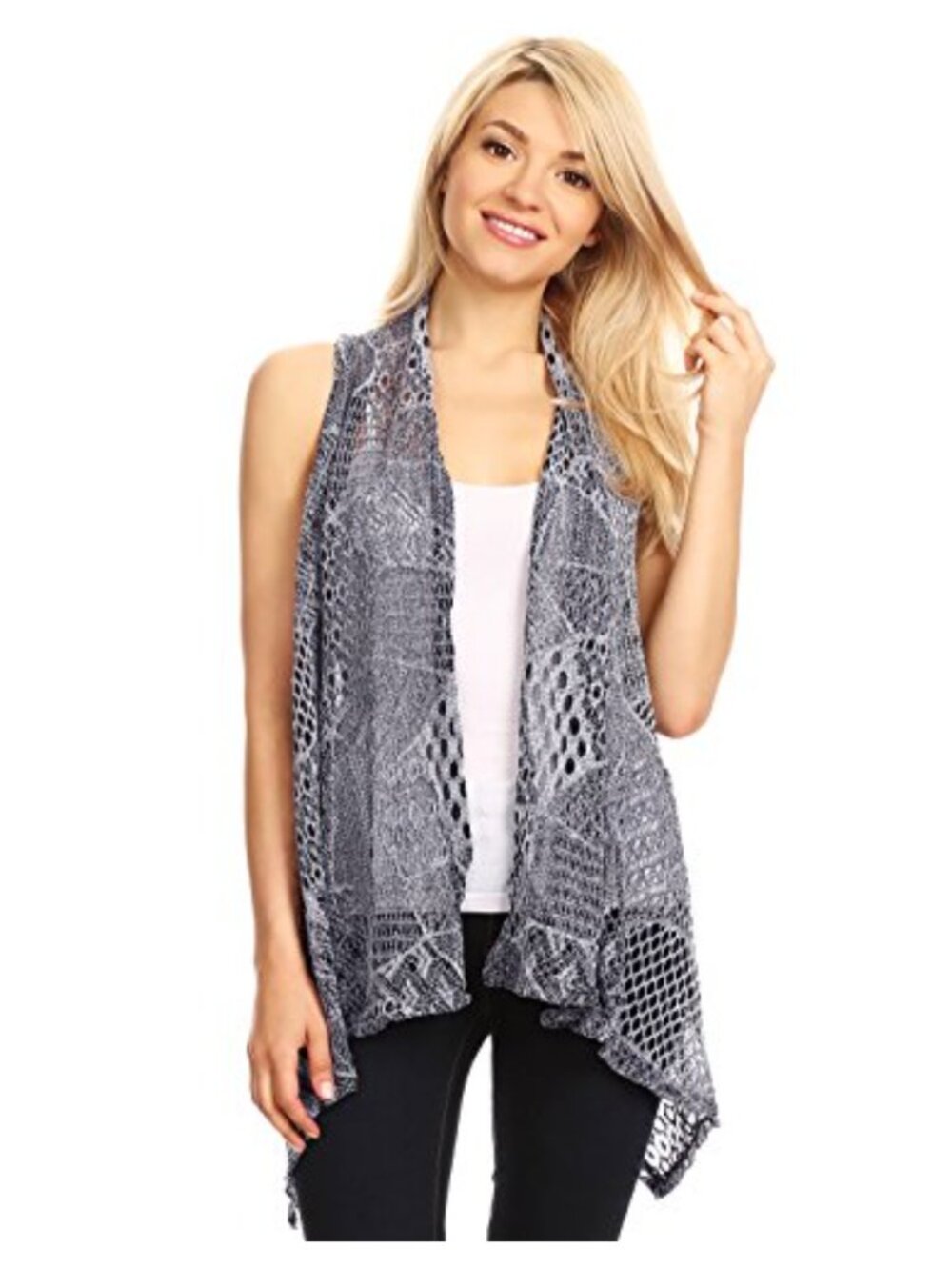 Sleeveless Open Front Crochet Knit Cardigan Bikini Cover Up